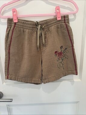 Tan Embroidered Rose Drawstring Shorts